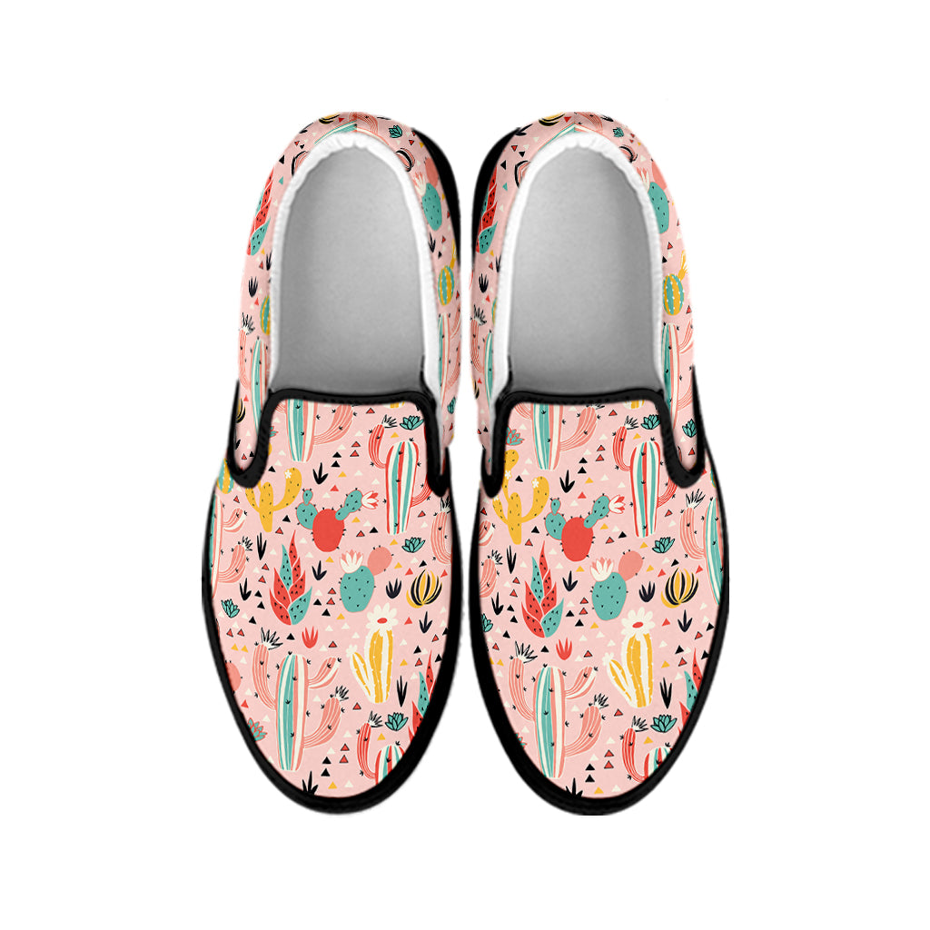 Pastel Cactus And Succulent Print Black Slip On Shoes