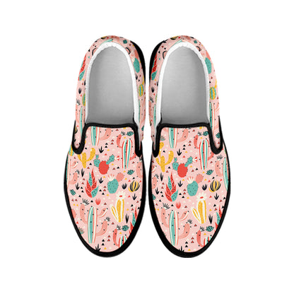 Pastel Cactus And Succulent Print Black Slip On Shoes