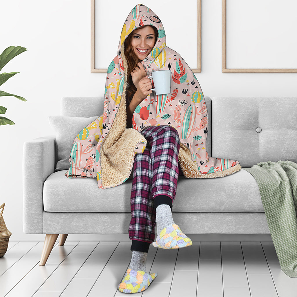 Pastel Cactus And Succulent Print Hooded Blanket