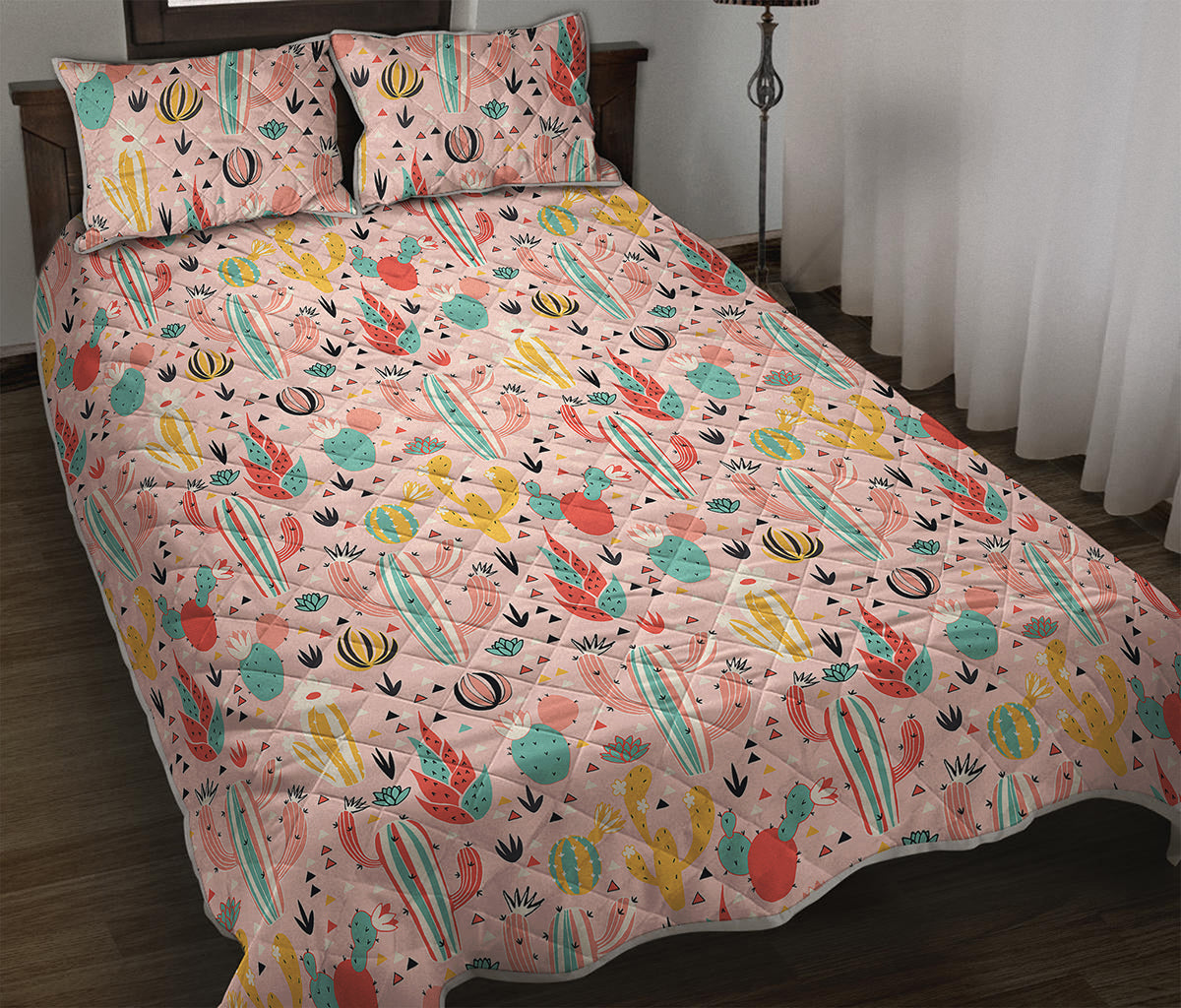 Pastel Cactus And Succulent Print Quilt Bed Set