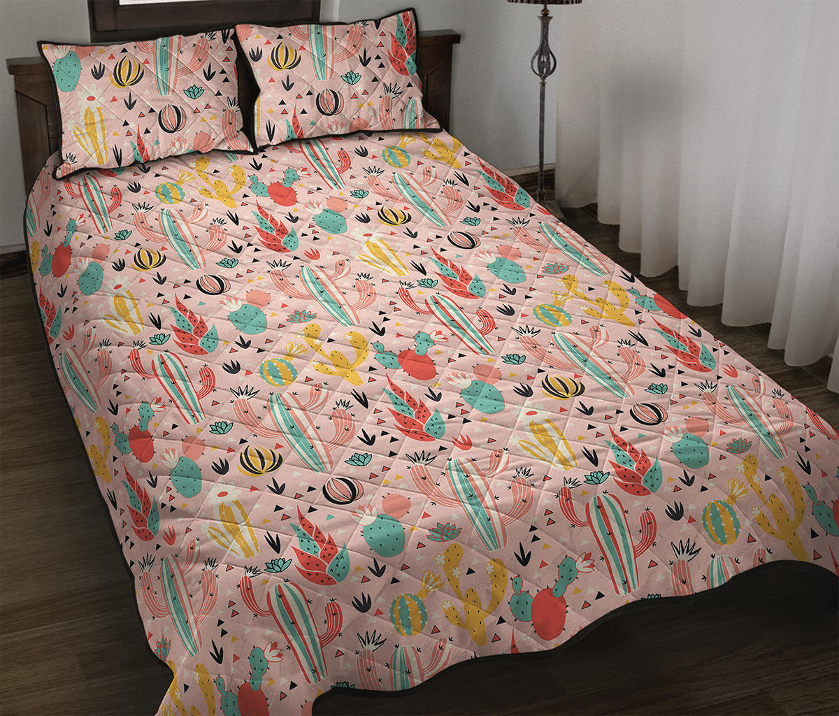 Pastel Cactus And Succulent Print Quilt Bed Set