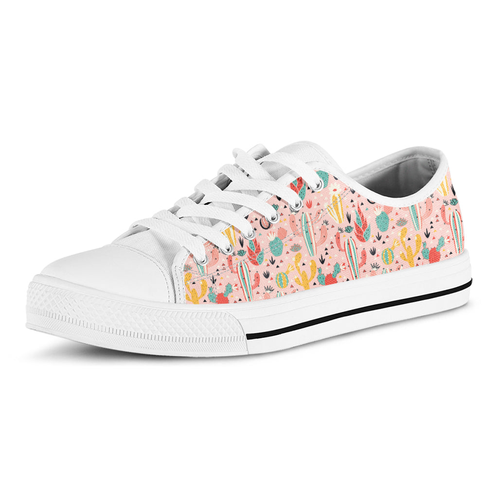 Pastel Cactus And Succulent Print White Low Top Shoes