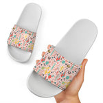 Pastel Cactus And Succulent Print White Slide Sandals