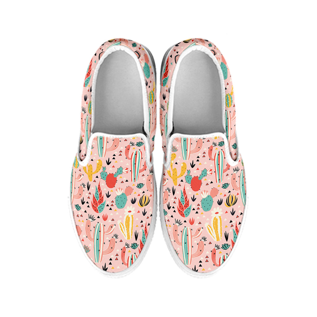 Pastel Cactus And Succulent Print White Slip On Shoes