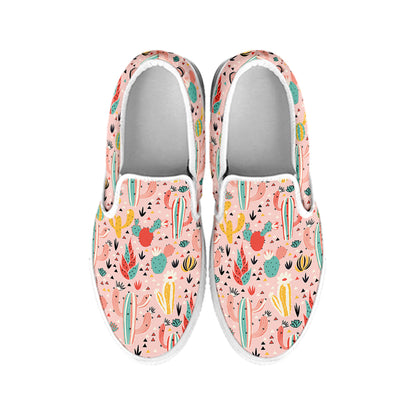 Pastel Cactus And Succulent Print White Slip On Shoes