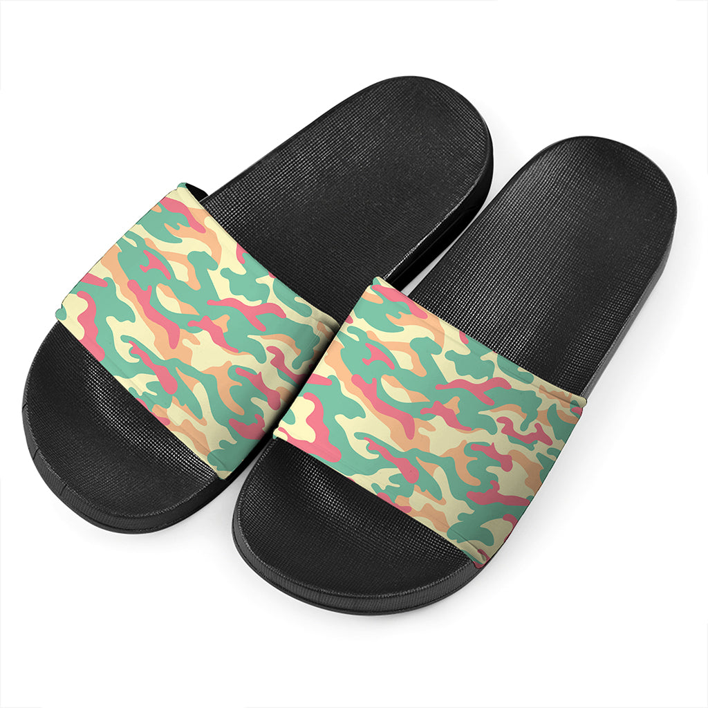 Pastel Camouflage Print Black Slide Sandals