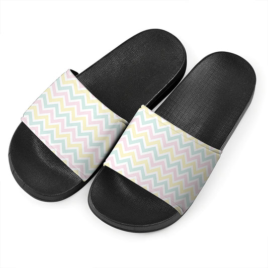 Pastel Chevron Pattern Print Black Slide Sandals
