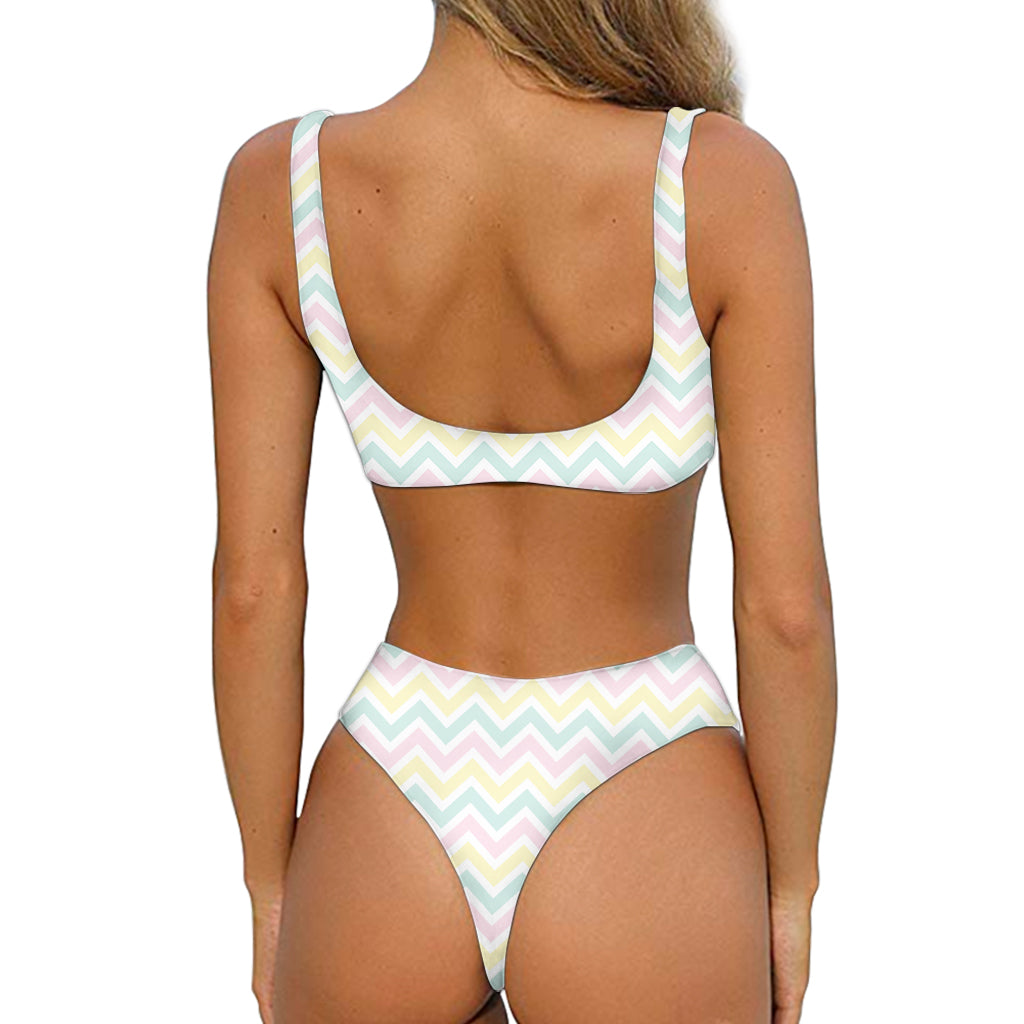 Pastel Chevron Pattern Print Front Bow Tie Bikini