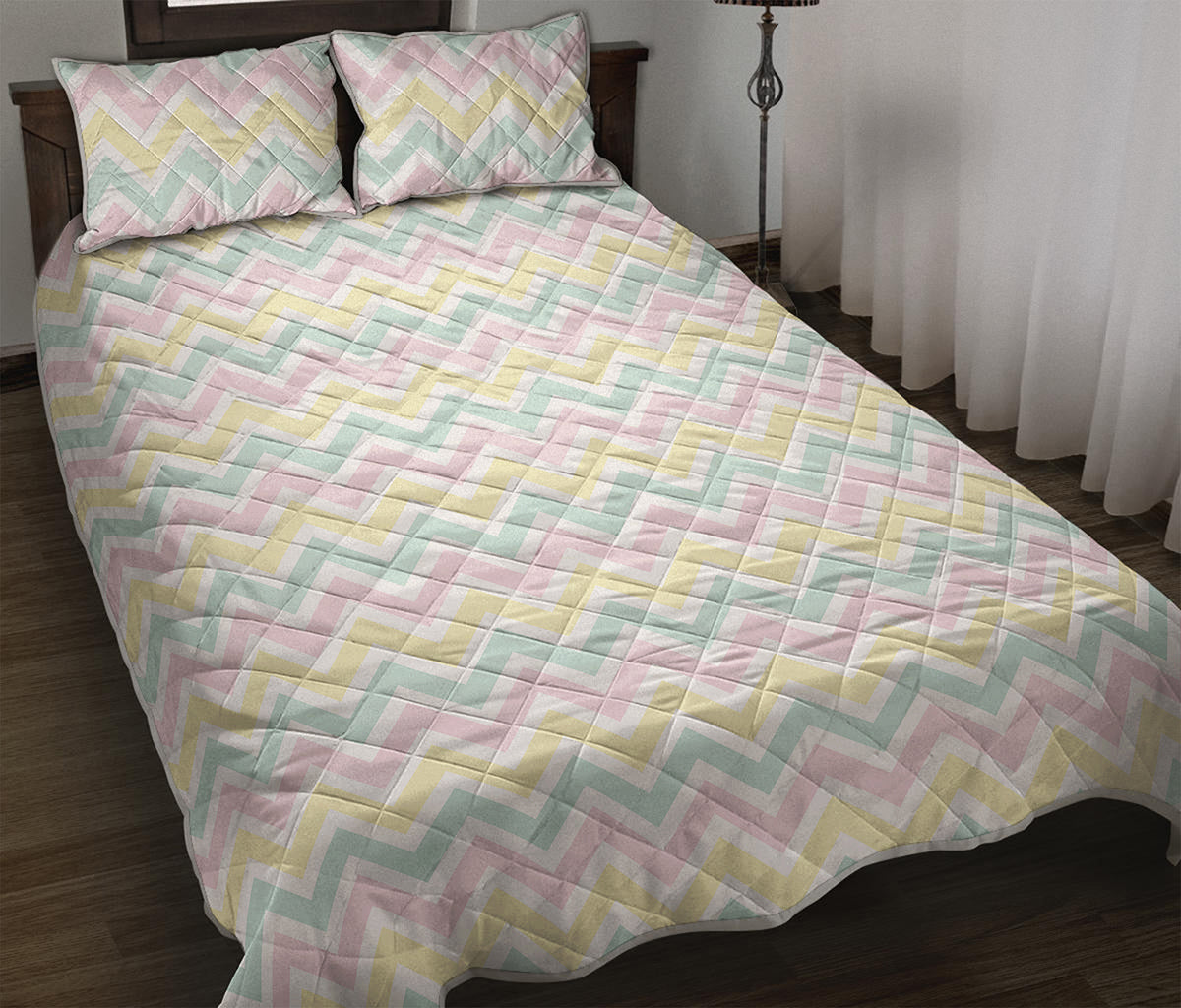 Pastel Chevron Pattern Print Quilt Bed Set