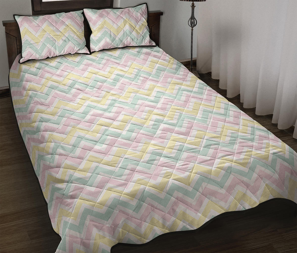 Pastel Chevron Pattern Print Quilt Bed Set