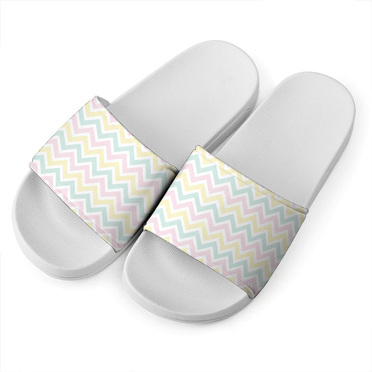 Pastel Chevron Pattern Print White Slide Sandals