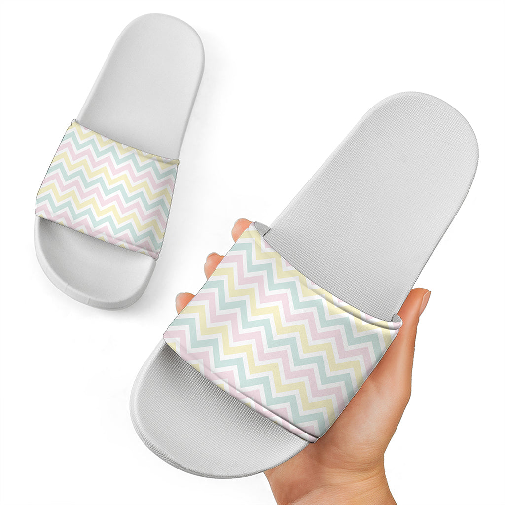 Pastel Chevron Pattern Print White Slide Sandals