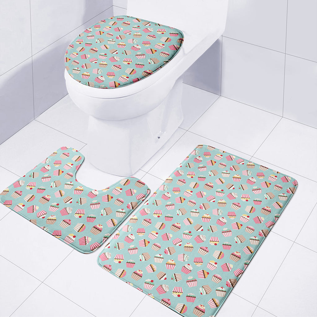 Pastel Cupcake Pattern Print 3 Piece Bath Mat Set