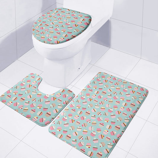 Pastel Cupcake Pattern Print 3 Piece Bath Mat Set