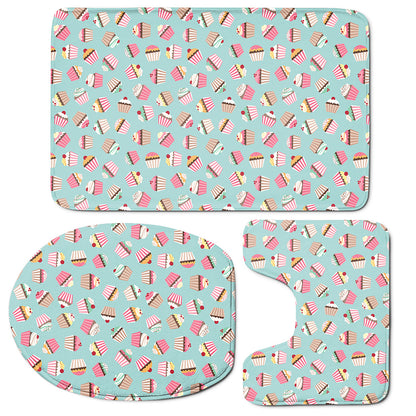 Pastel Cupcake Pattern Print 3 Piece Bath Mat Set
