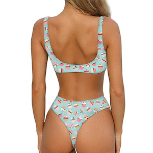 Pastel Cupcake Pattern Print Front Bow Tie Bikini