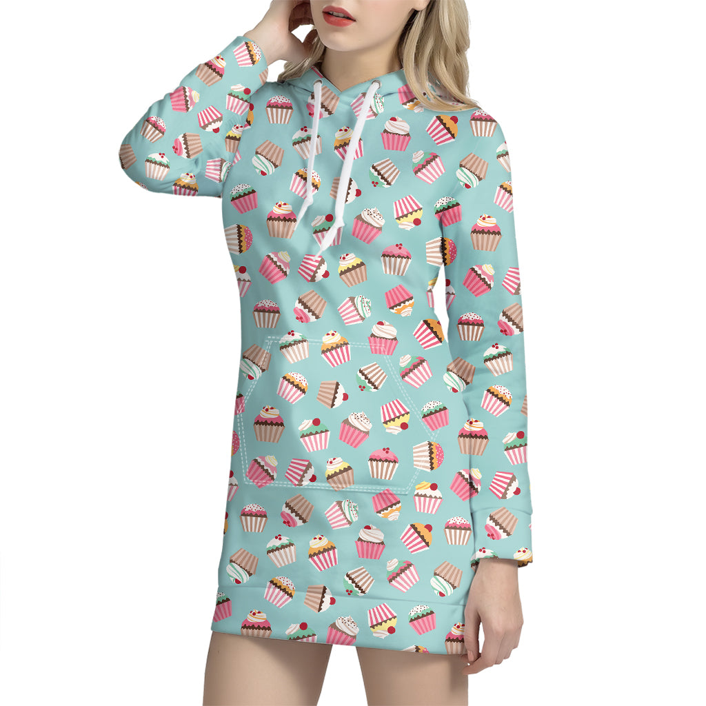 Pastel Cupcake Pattern Print Hoodie Dress