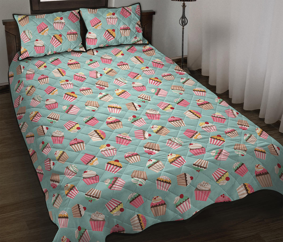 Pastel Cupcake Pattern Print Quilt Bed Set