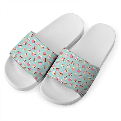 Pastel Cupcake Pattern Print White Slide Sandals