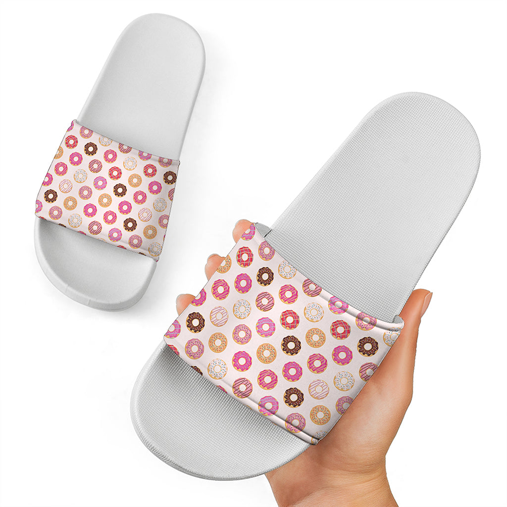 Pastel Donut Pattern Print White Slide Sandals