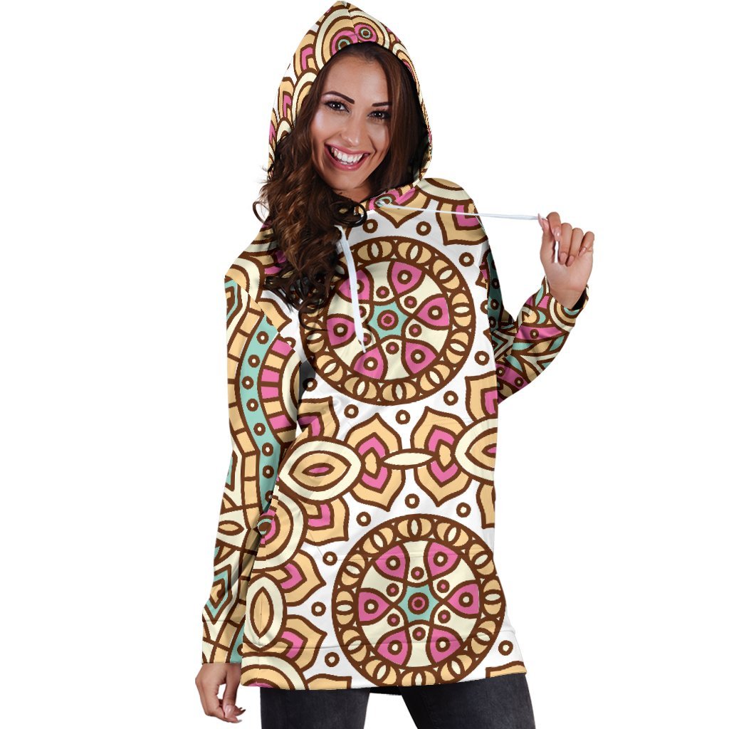 Pastel Ethnic Mandala Print Hoodie Dress GearFrost