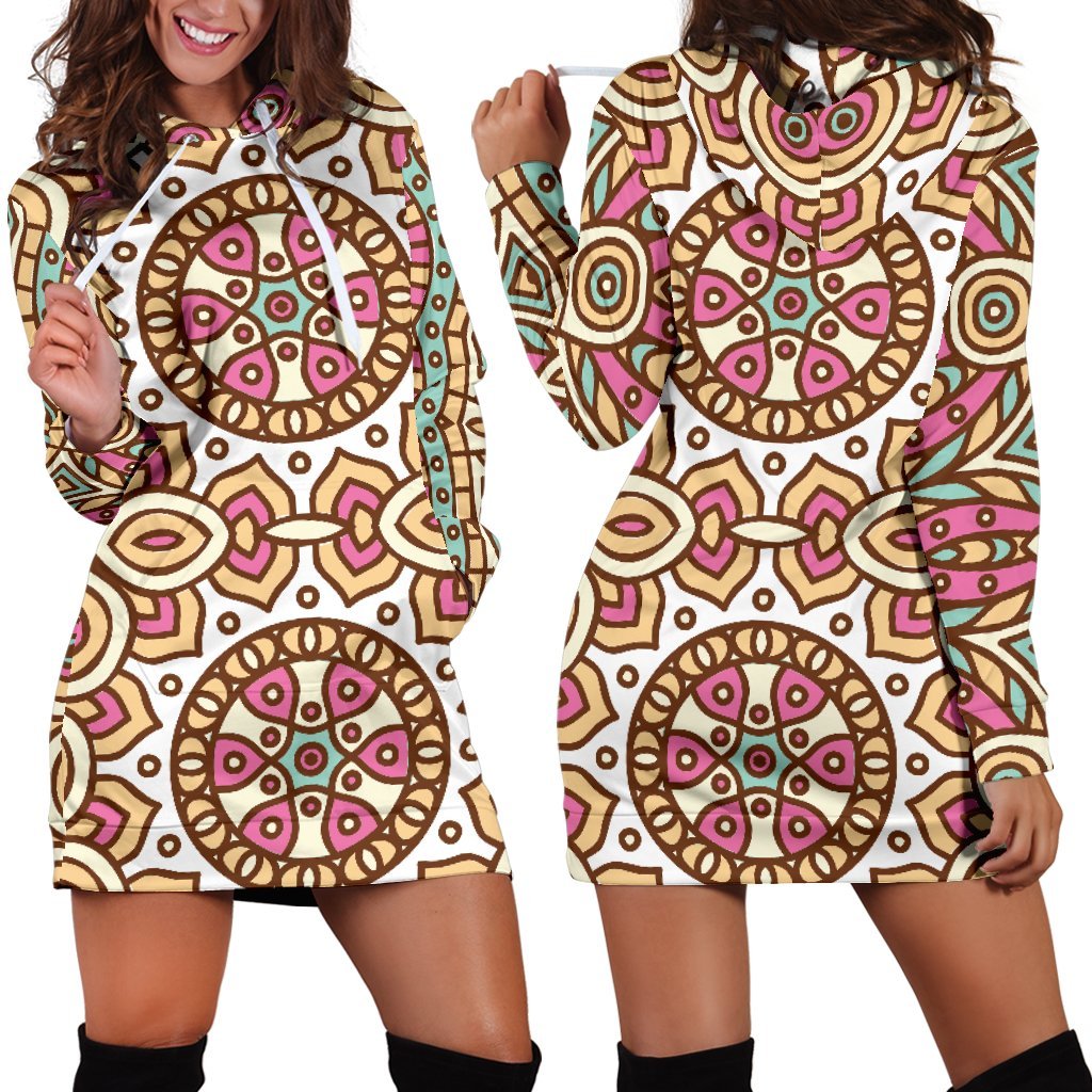 Pastel Ethnic Mandala Print Hoodie Dress GearFrost