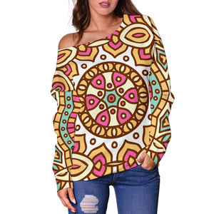 Pastel Ethnic Mandala Print Off Shoulder Sweatshirt GearFrost