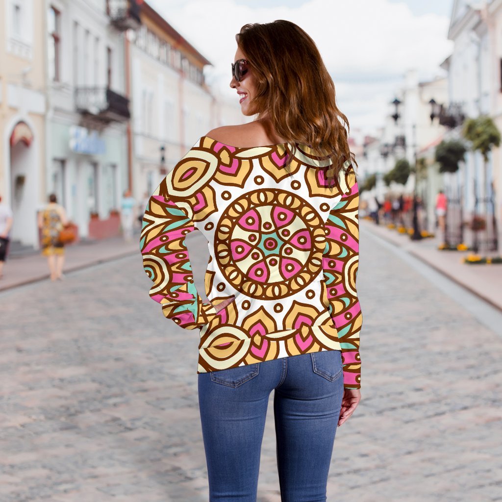 Pastel Ethnic Mandala Print Off Shoulder Sweatshirt GearFrost