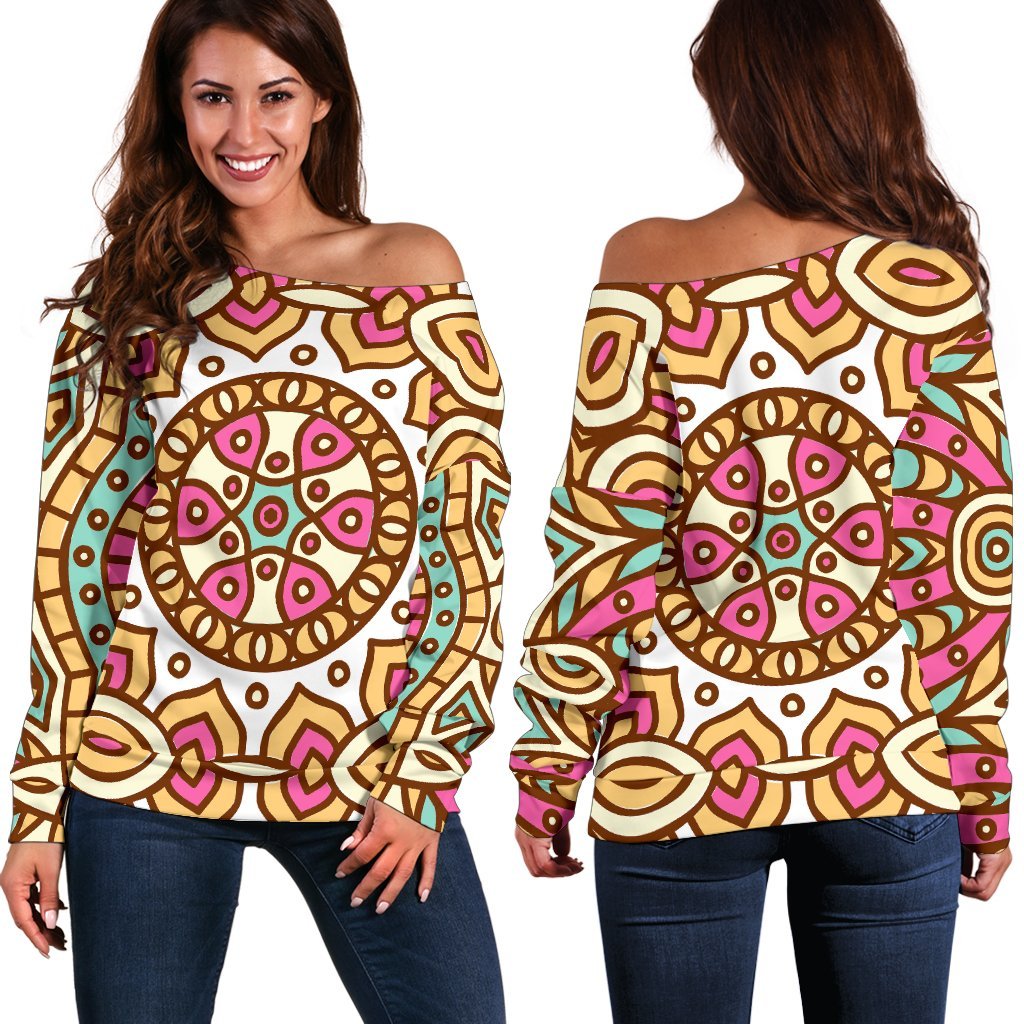 Pastel Ethnic Mandala Print Off Shoulder Sweatshirt GearFrost