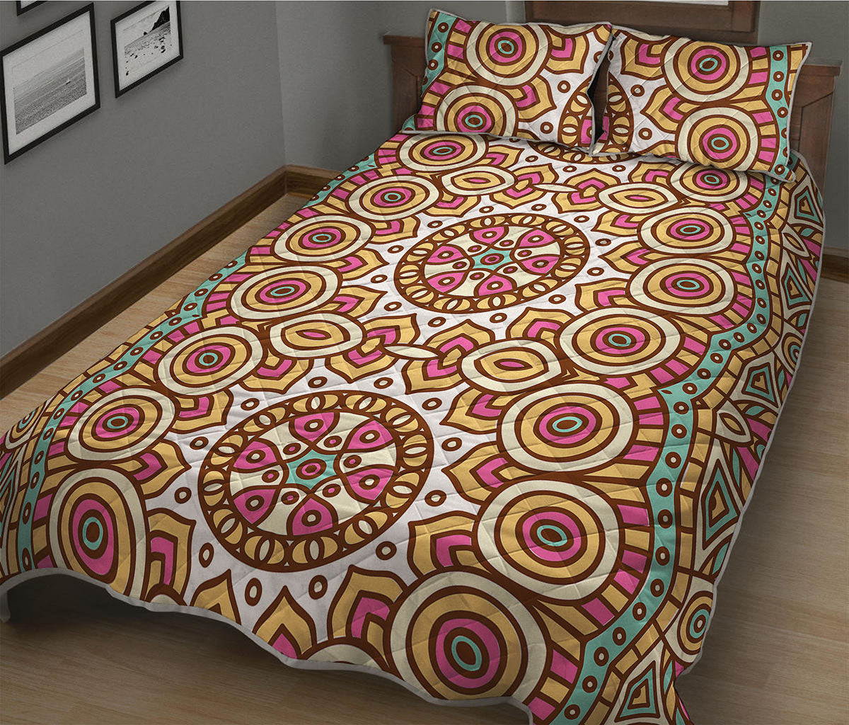Pastel Ethnic Mandala Print Quilt Bed Set