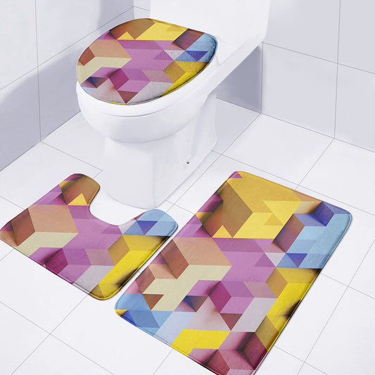 Pastel Geometric Cubic Print 3 Piece Bath Mat Set