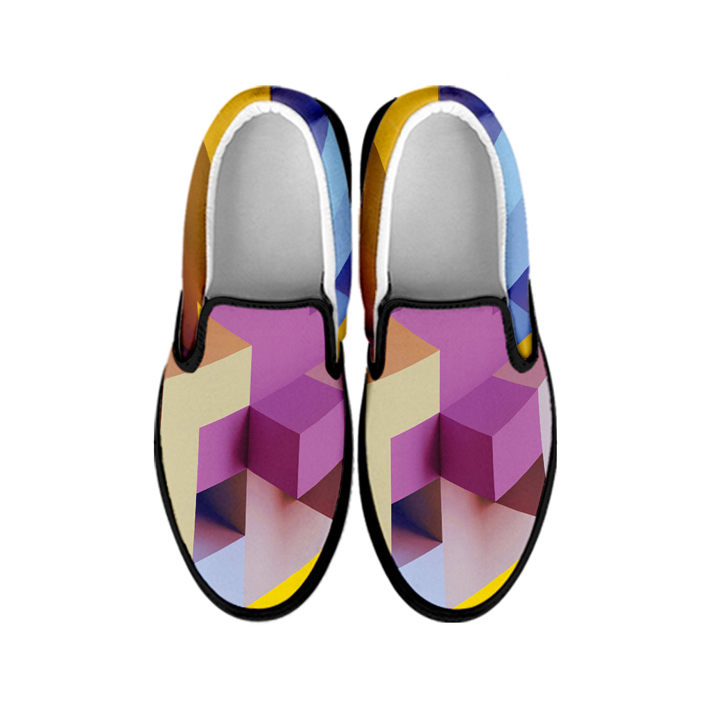 Pastel Geometric Cubic Print Black Slip On Shoes