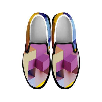 Pastel Geometric Cubic Print Black Slip On Shoes
