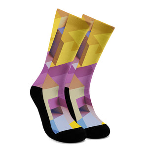 Pastel Geometric Cubic Print Crew Socks