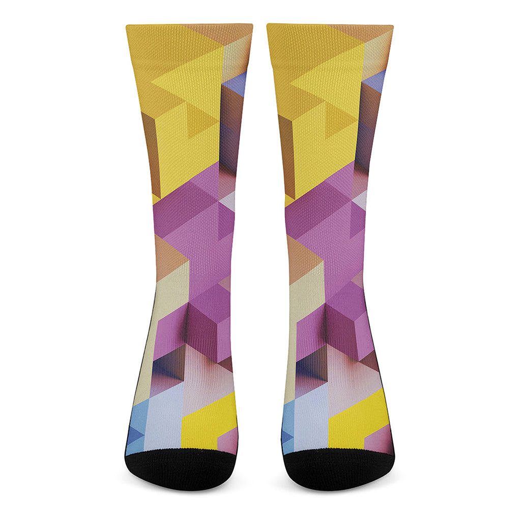 Pastel Geometric Cubic Print Crew Socks