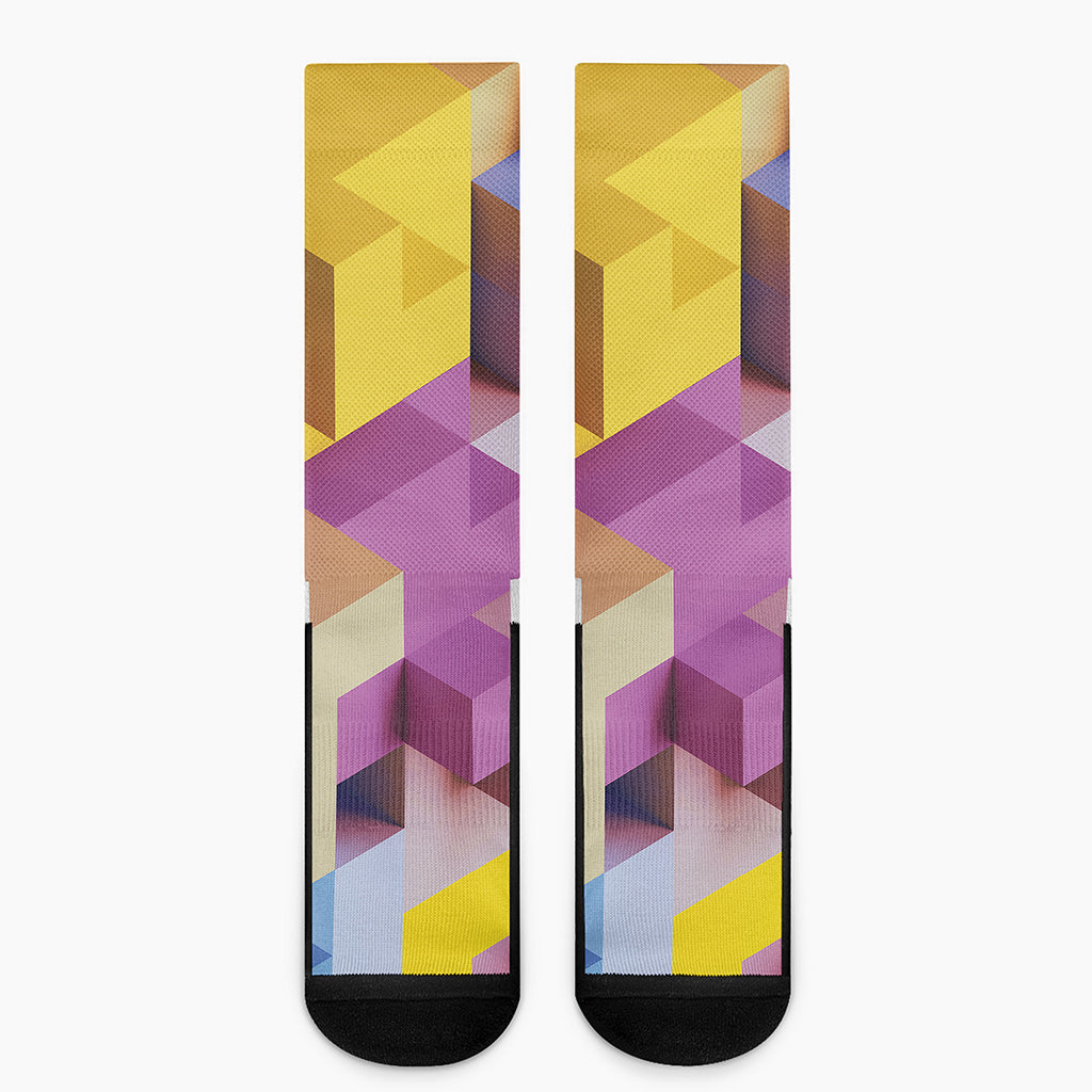 Pastel Geometric Cubic Print Crew Socks