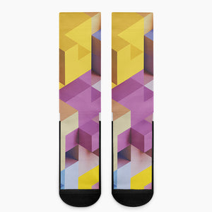 Pastel Geometric Cubic Print Crew Socks