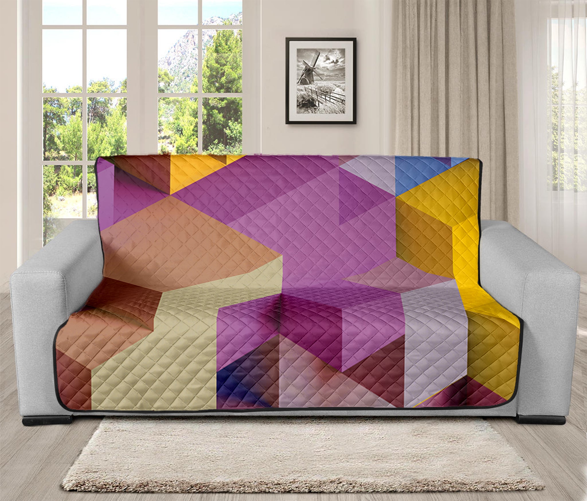 Pastel Geometric Cubic Print Futon Protector