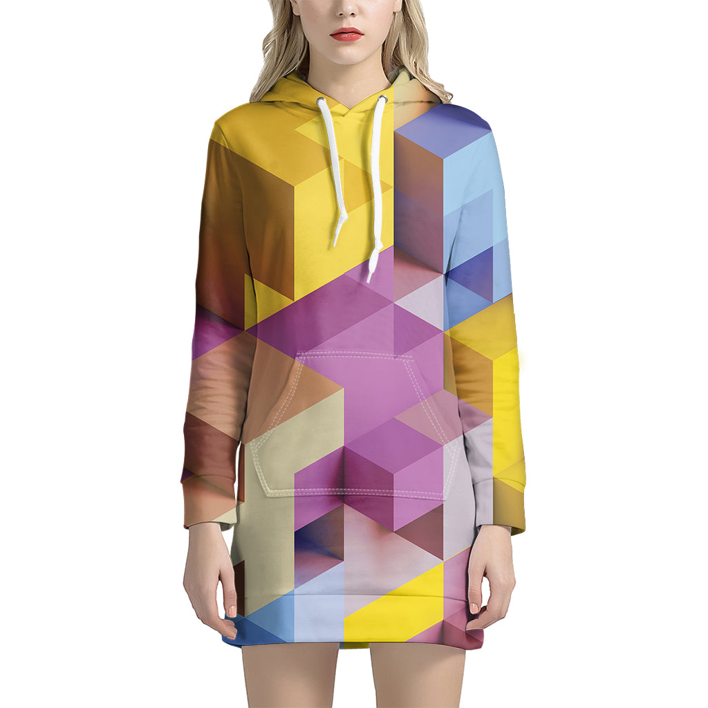 Pastel Geometric Cubic Print Hoodie Dress