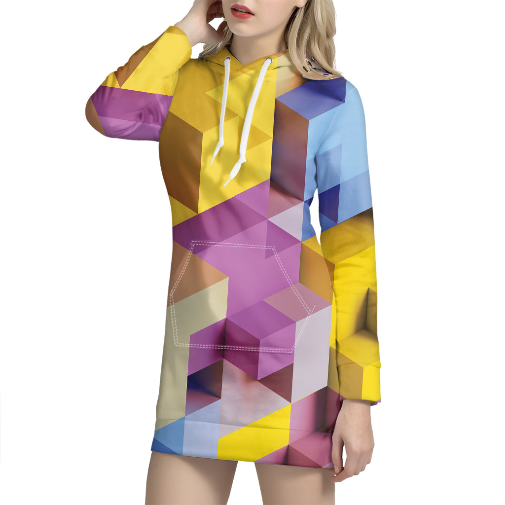 Pastel Geometric Cubic Print Hoodie Dress