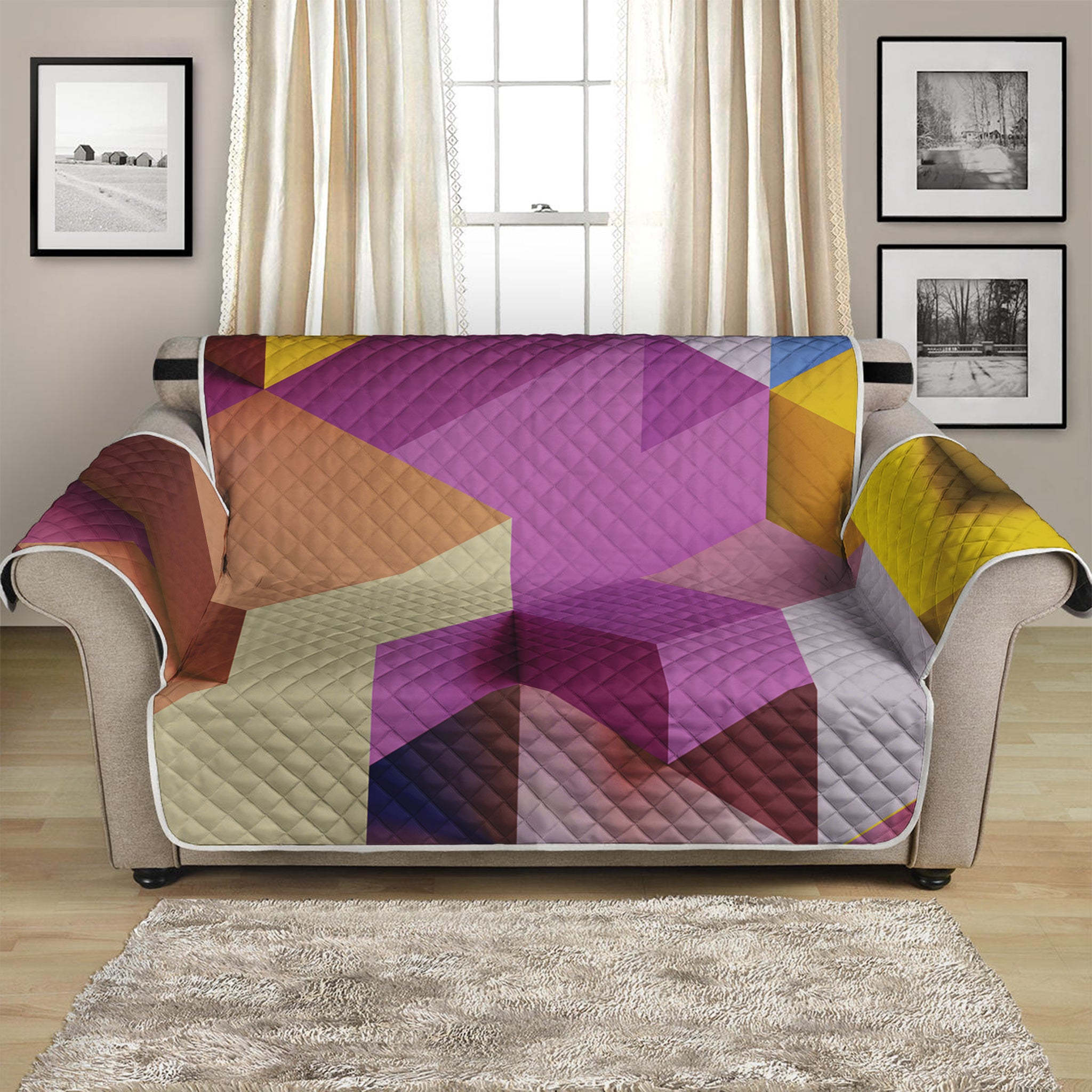 Pastel Geometric Cubic Print Loveseat Protector