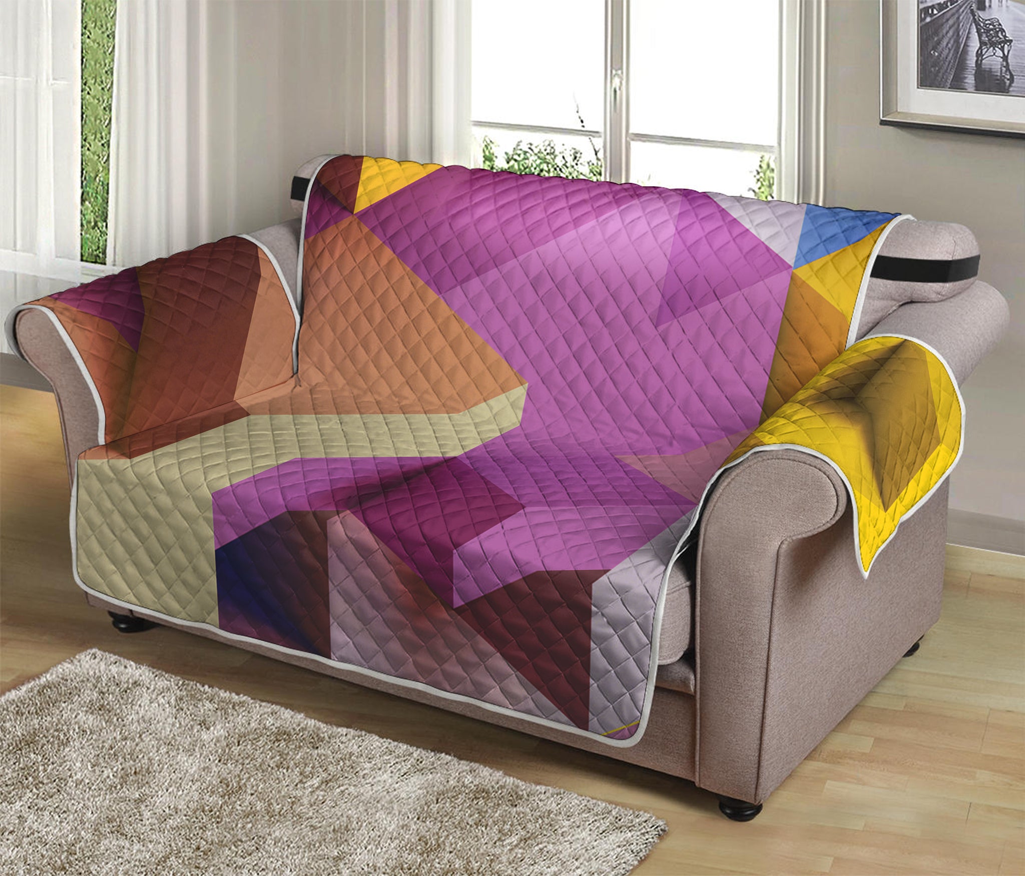 Pastel Geometric Cubic Print Loveseat Protector