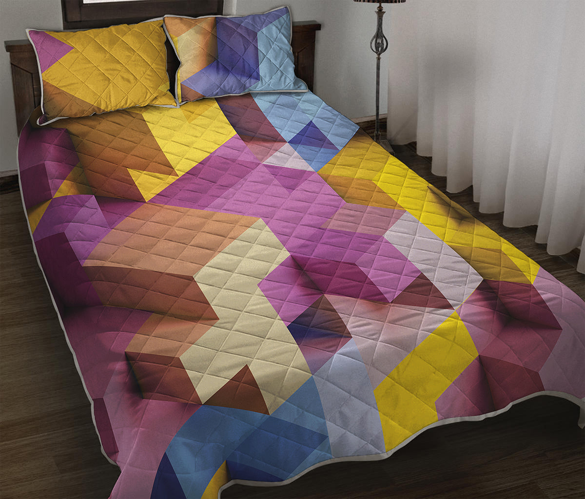 Pastel Geometric Cubic Print Quilt Bed Set