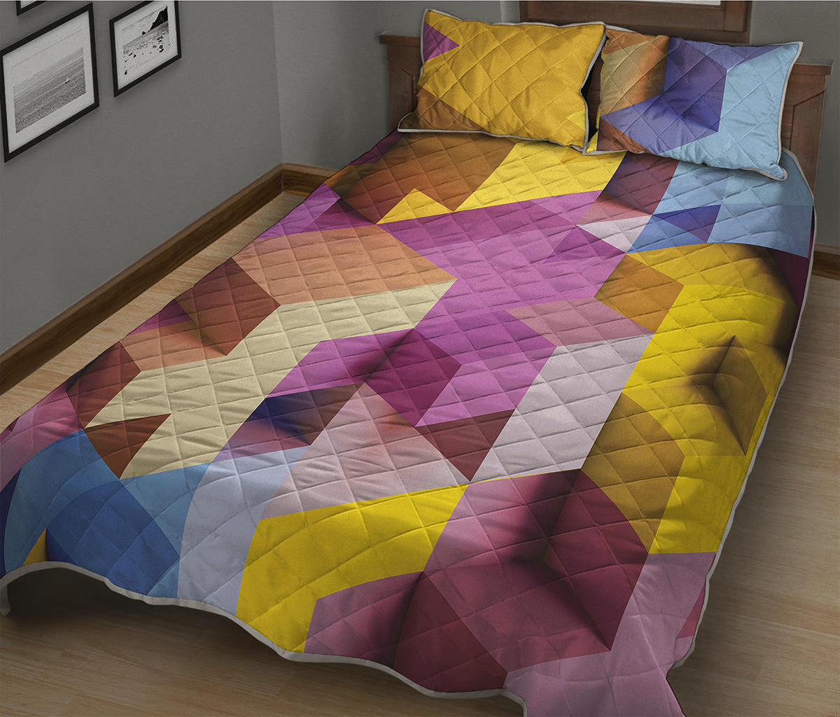 Pastel Geometric Cubic Print Quilt Bed Set