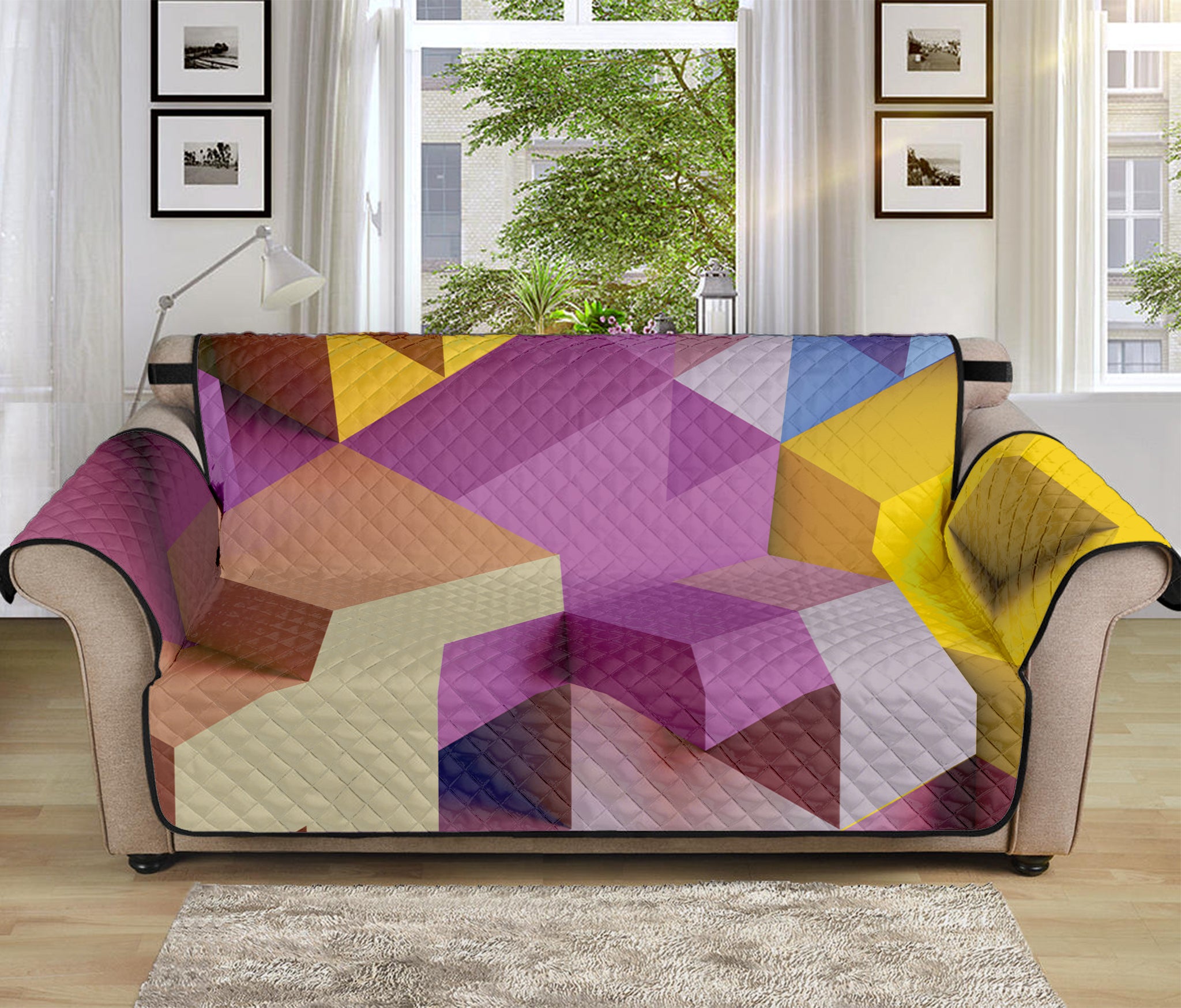 Pastel Geometric Cubic Print Sofa Protector