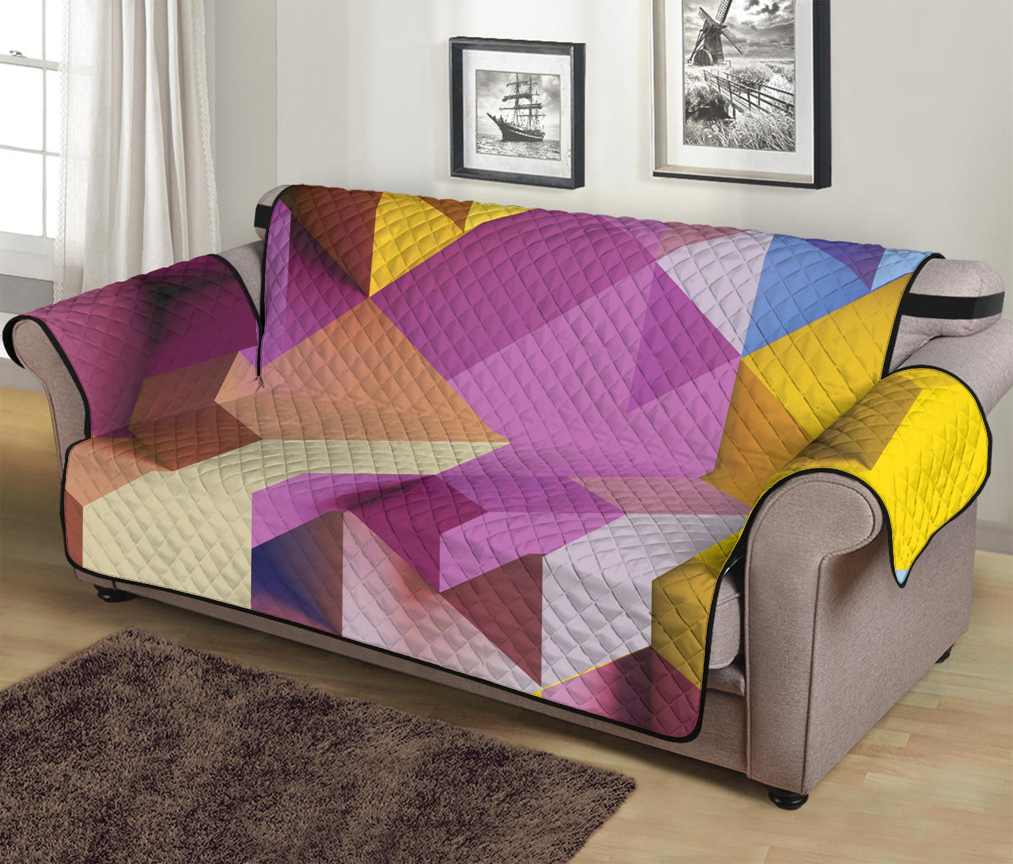 Pastel Geometric Cubic Print Sofa Protector