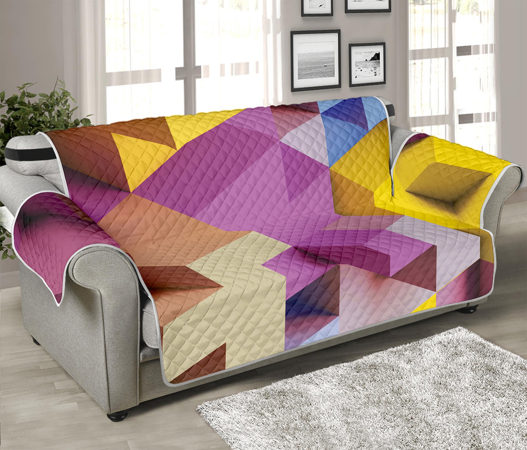 Pastel Geometric Cubic Print Sofa Protector