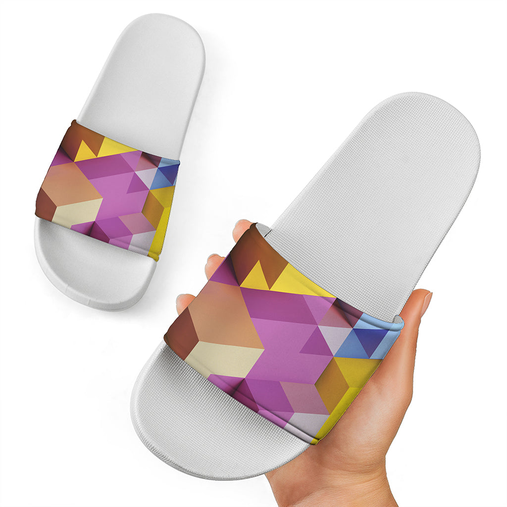 Pastel Geometric Cubic Print White Slide Sandals