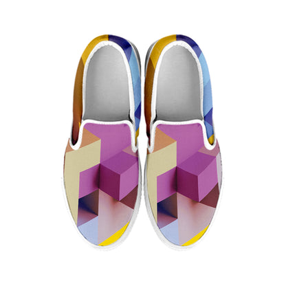 Pastel Geometric Cubic Print White Slip On Shoes