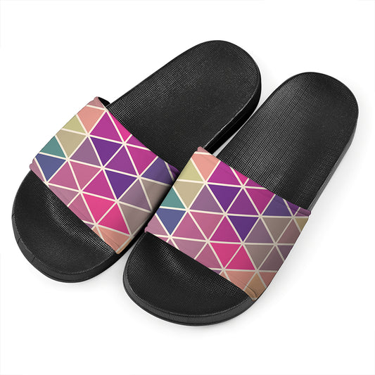 Pastel Geometric Shape Pattern Print Black Slide Sandals
